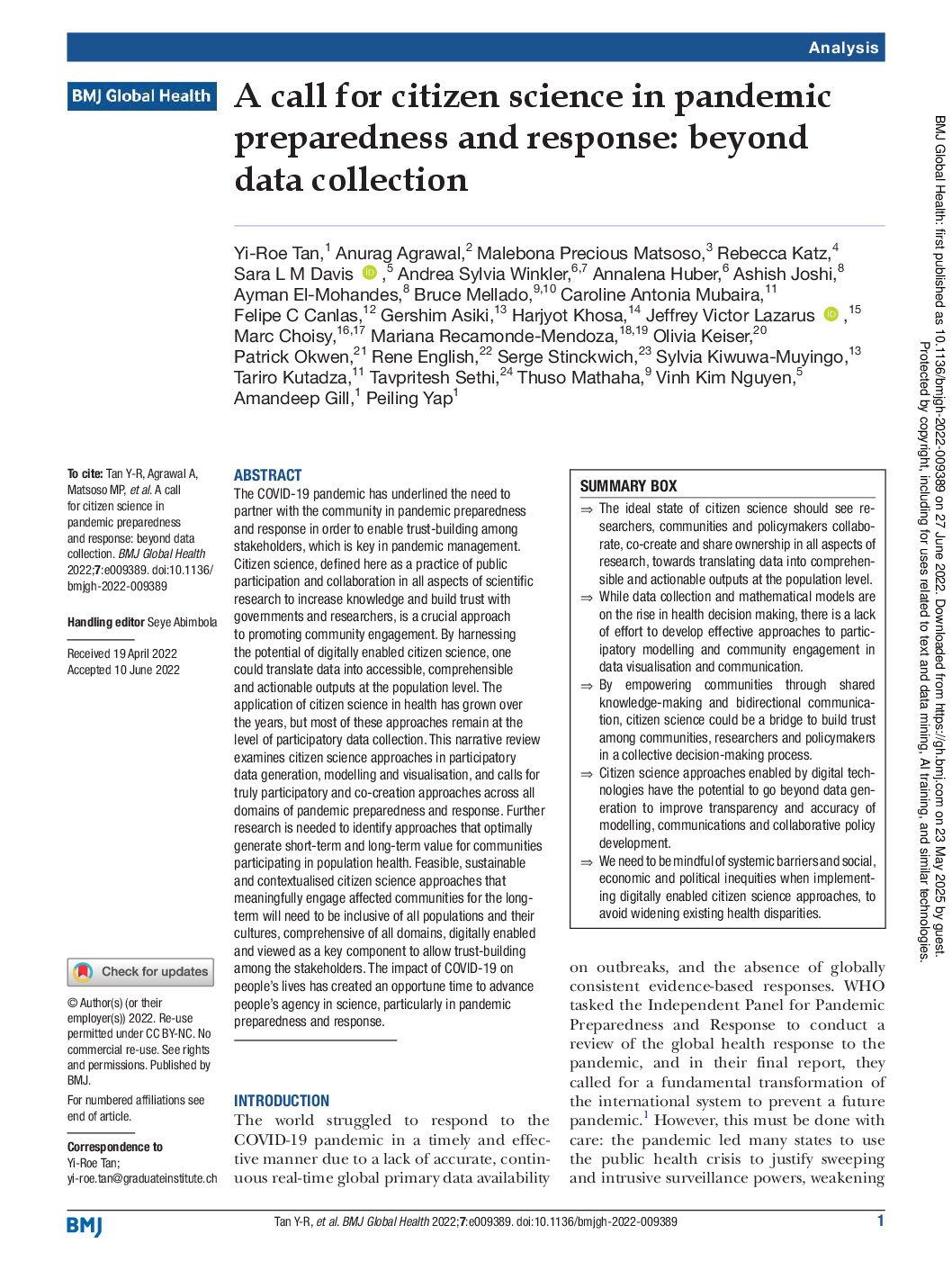 A call for citizen science in pandemic preparedness and response