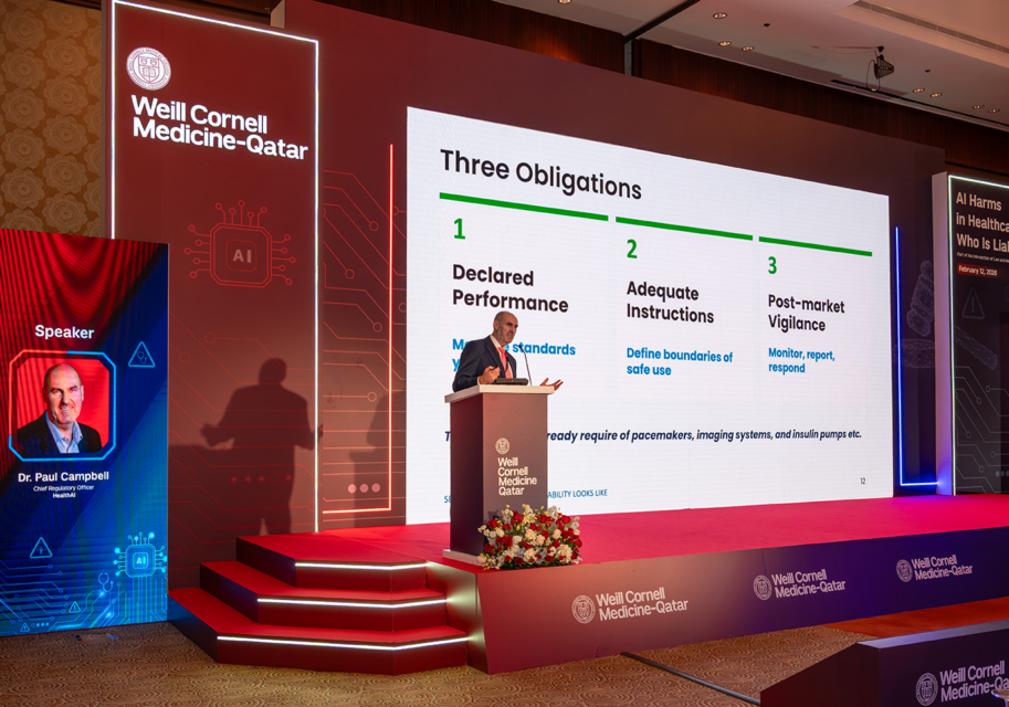 Dr. Paul Campbell speaking at Weill-Cornell Medicine event on AI Harms in Healthcare in Doha, February 2026